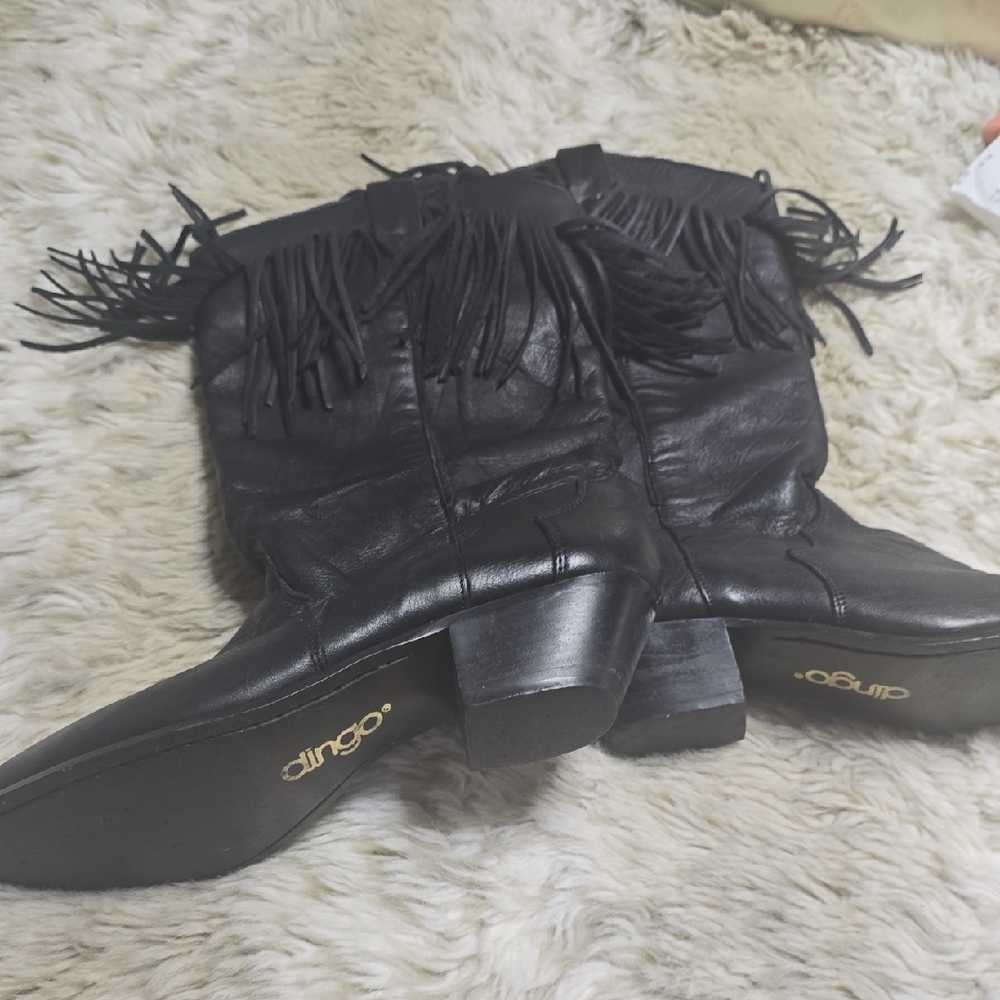 Dingo Black Leather Fringe Heeled Boots